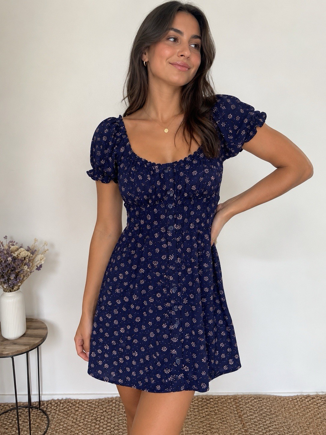 Trixxi Women’s Navy Blue Floral Puff Sleeve Mini Dress Size Medium Cottagecore