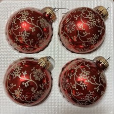 Vtg Box (4) Christmas By Krebs Red w/silver Glitter Floral Ball Ornaments