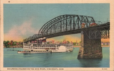 Excursion Steamer Boat Ship Bridge Ohio River Cincinnati Stamp Cancel 1938 Linen