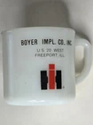 Vtg IH Boyer Implement Co. Milk Glass Coffee Cup Freeport IL Intl Harvester