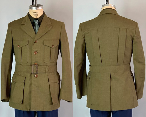 Green Men's Safari Jacket with Belt Vintage Blazer Hunting Jacket 1980s Coat