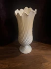 Vintage Signed Fenton 12”x5” Pedestal Milk Glass Swung Stretch Vase Hobnai