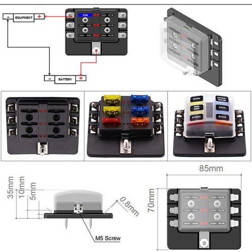 6 Way Circuit Standard ATO ATC Blade LED Fuse Box Block Holder Terminals - Picture 6 of 8