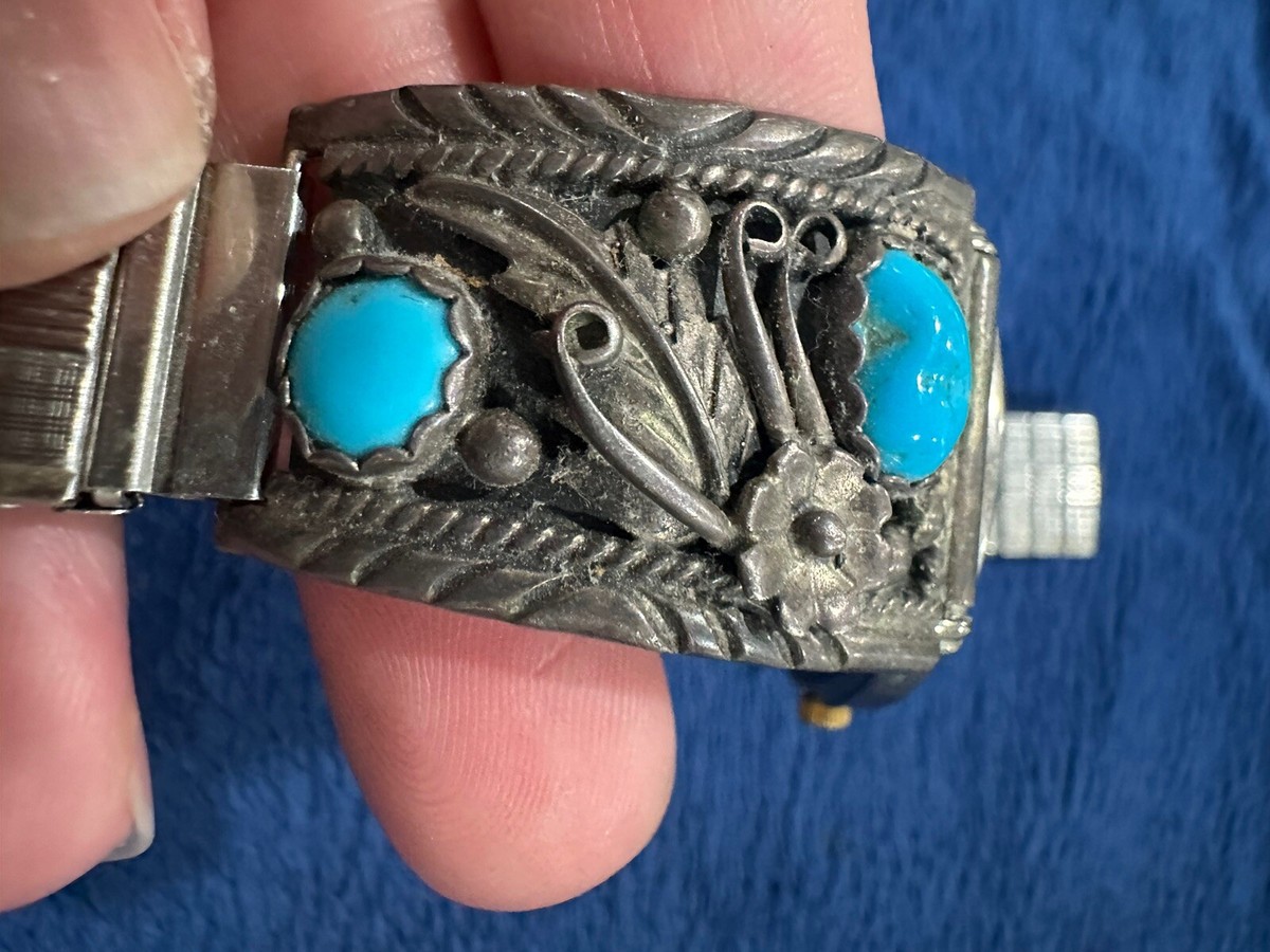 Vintage ORYX Sterling Silver & Turquoise Watch | Southwestern Floral Band Vintage Sterling Silver with Turquoise & Mother of Pearl  main image 2