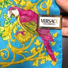 MINT Versace Handkerchief Cotton 53cm 21in Parrot Blue Bird Hanky Scarf Unused