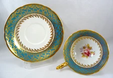 Aynsley Teacup & Saucer Gold Gilt Turquoise Border w/Rose Floral Bouquet England