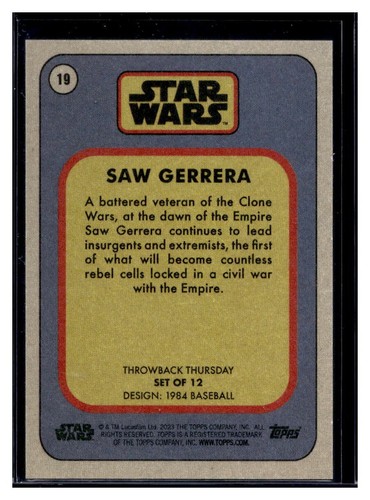 2023 Topps Star Wars Throwback Thursday #19 Saw Gerrera Card (Qty) - Picture 2 of 2