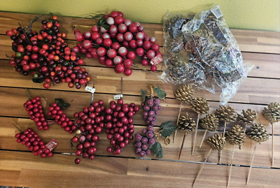 Lot 25+ Decorative Red Berry Picks Glitter Pinecones Christmas Wreaths Crafts