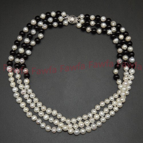 3 Rows White Cultured Pearl & Black Agate Round Gems Necklace Bracelet Earrings - Picture 5 of 12