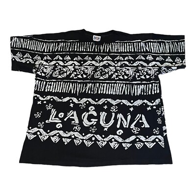 LAGUNA All-Over Tribal Aztec Design Men's Black Shirt Large VTG 80s 90s USA