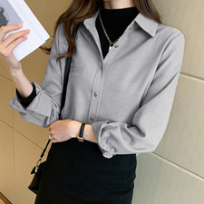 Lady Corduroy Shirt Blouse Long Sleeve Jacket Button Up Loose Top Outerwear Chic