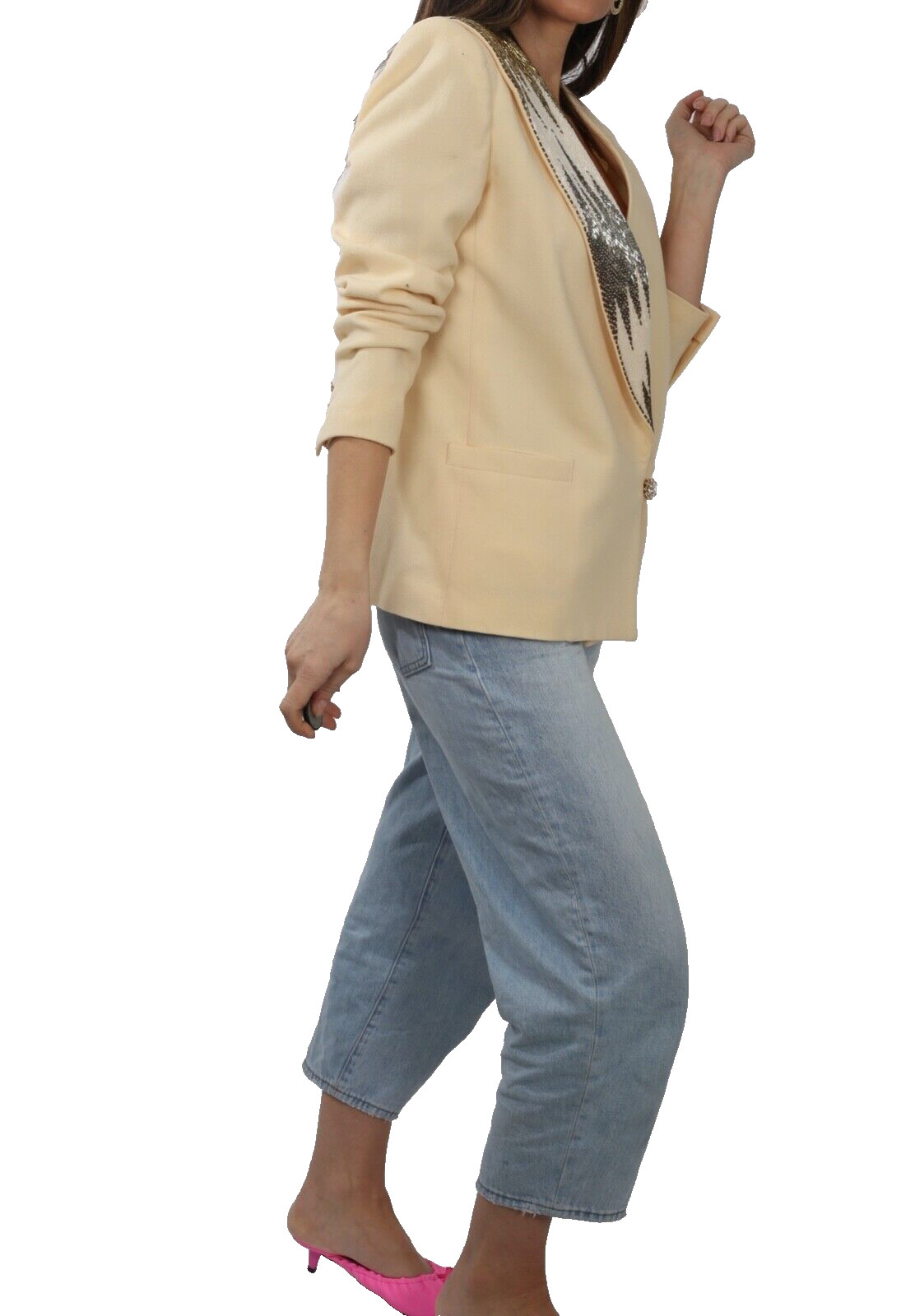 Vintage Nolan Miller Dynasty Collection Beige Wool Beaded Blazer Jacket Womens 6 image 3