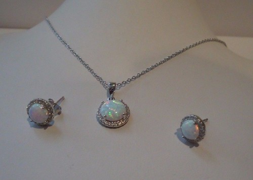 925 STERLING SILVER EARRING & NECKLACE PENDANT SET W/ 4 CTS OPAL & ACCENTS - Picture 2 of 7