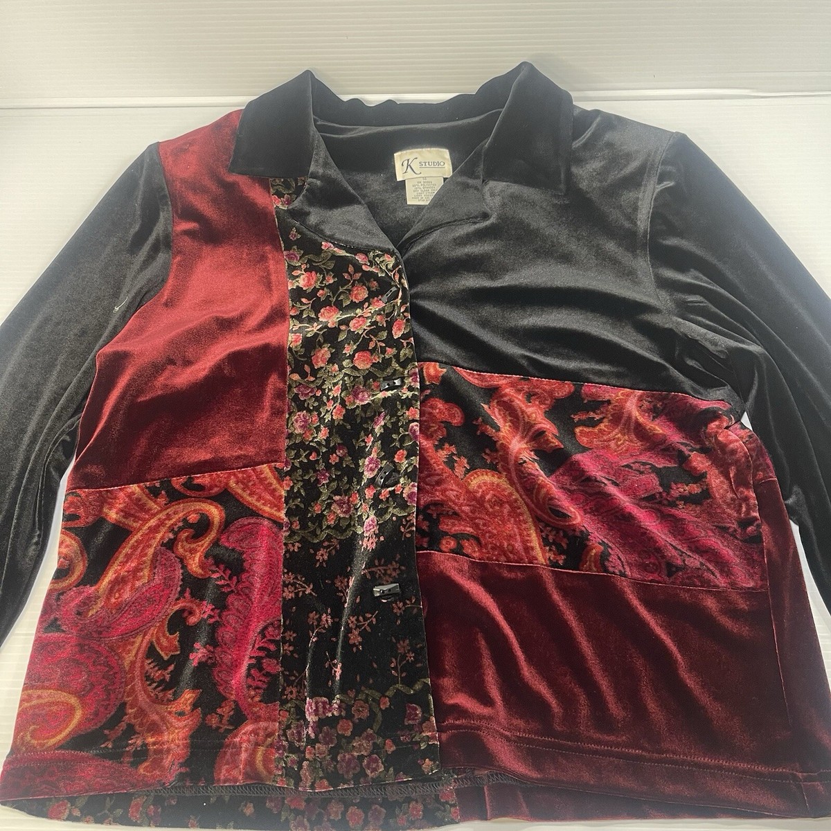 K STUDIO 14 Velvet Patchwork Paisley Floral Button Black Maroon