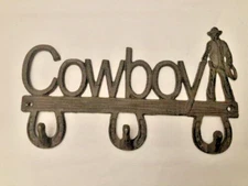Cast Iron Wall Mount Cowboy Western Decor Triple Hook Key or Coat Holder 
