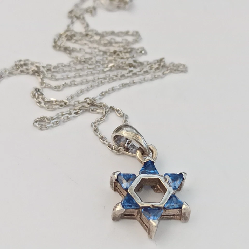 Colar de Prata Azul Estrela de David Cristal Israel 925 Masculino Feminino Presente Vintage - Imagem 3 de 4