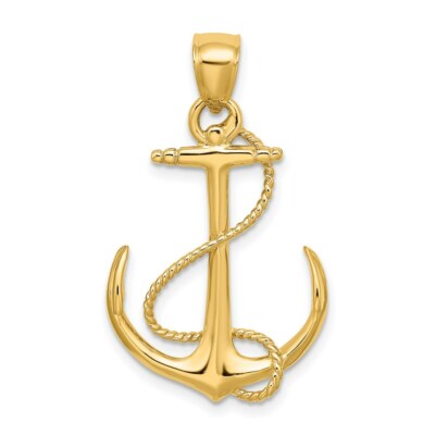14K Yellow Gold 3-D Polished and Textured Anchor With Rope Charm Pendant