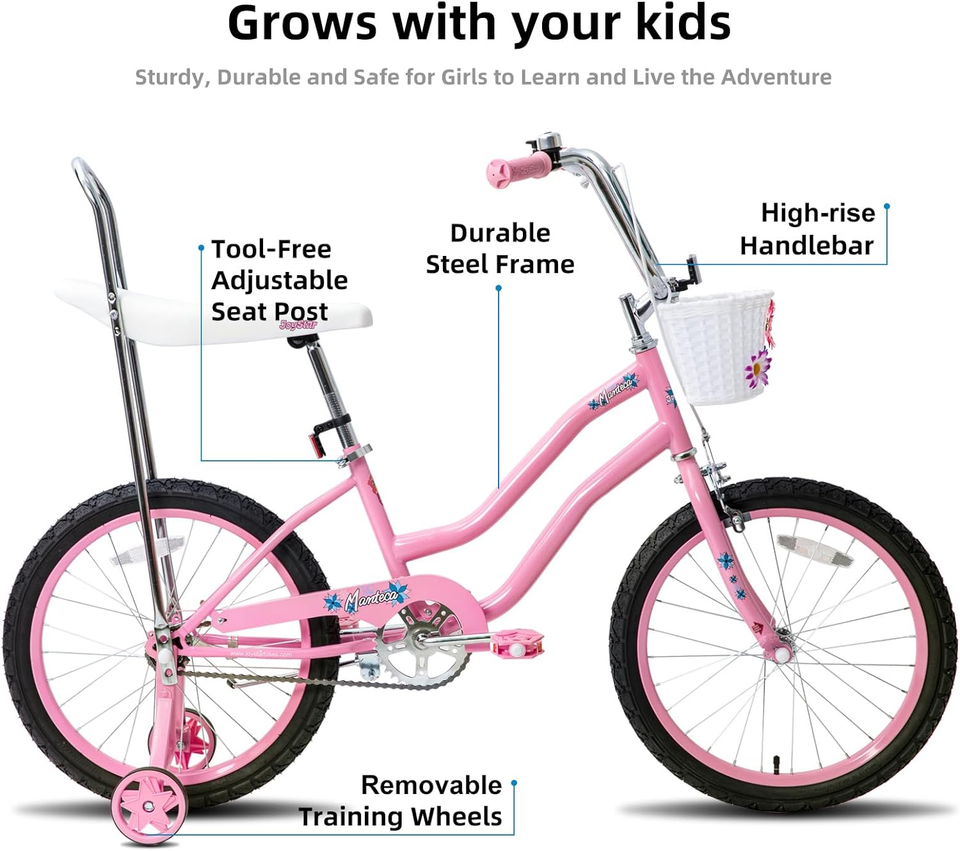 20 Inch Girls Bike with Training Wheels, Banana Seat Bike for Girls