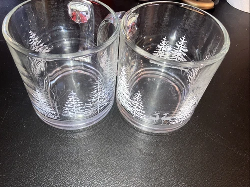 Vintage Clear Glass Coffee Mugs With Embossed Frosted Tree Design Lot Of 2