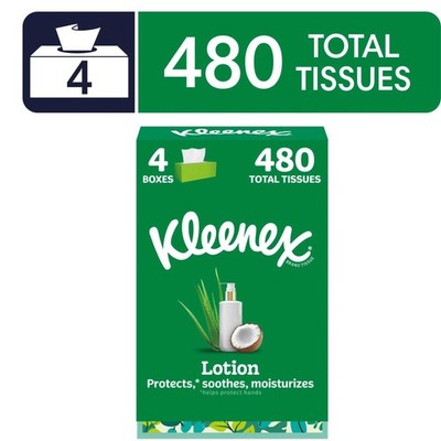 Kleenex Lotion Coconut Oil 3-Ply Flat Box Facial Tissues,4 Pk,480 Total Tissues.