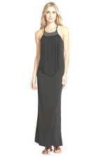 Michael Kors Black w/Beading & Knotted Fringe Jersey Halter Maxi Dress Med- NWT