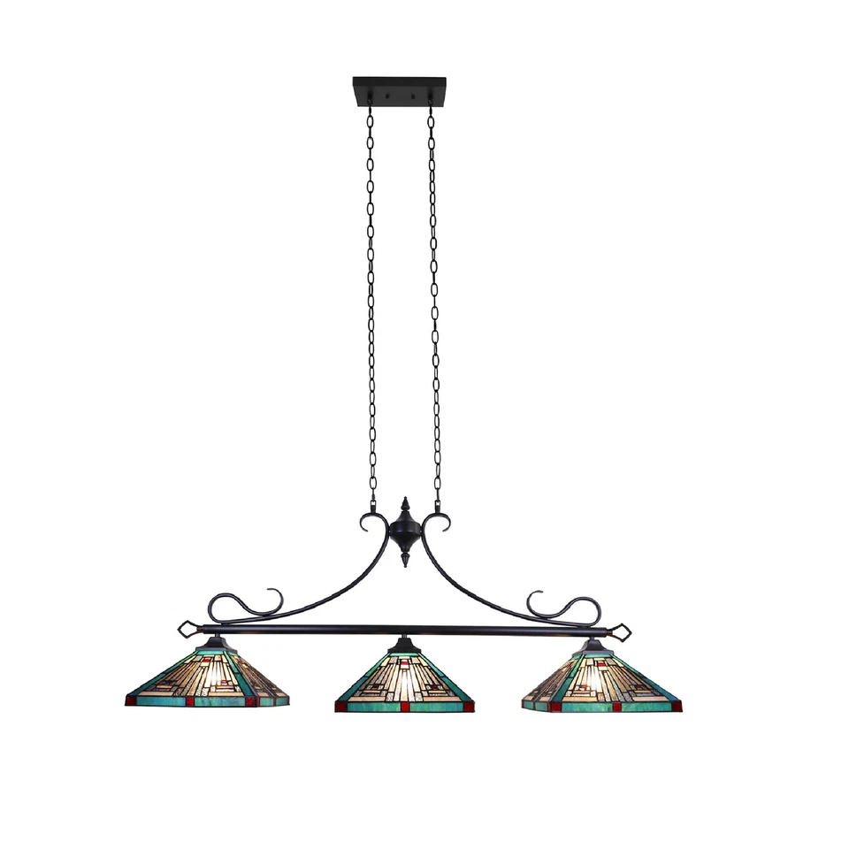 Accesorio isla lineal de 3 luces diseño misión estilo Tiffany bronce negruzco Foto 3 de 4