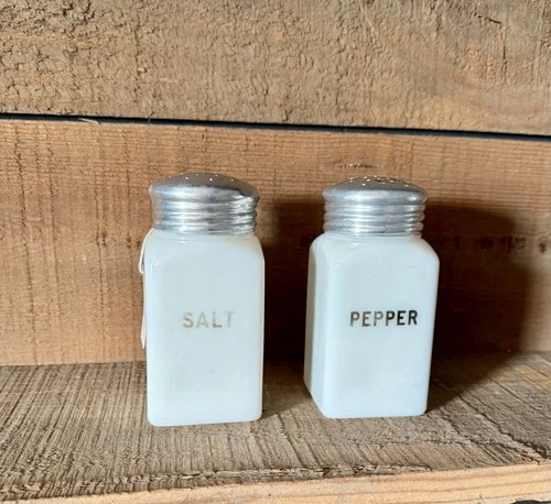 Vintage Milk Glass Salt & Pepper Shakers, Square Mid-Century Set Aluminum Lids