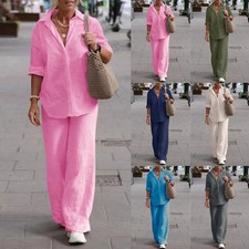 Damen Freizeitanzug Baumwolle Leinen Anzug Hosenanzug Yoga Set Hausanzug Tops ML