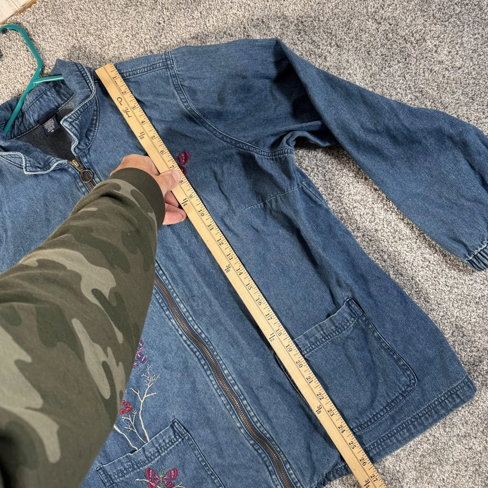 Basic Editions Jacket 1X Plus Size Denim Zip Front Floral Butterfly Embroidered - Image 2 of 4