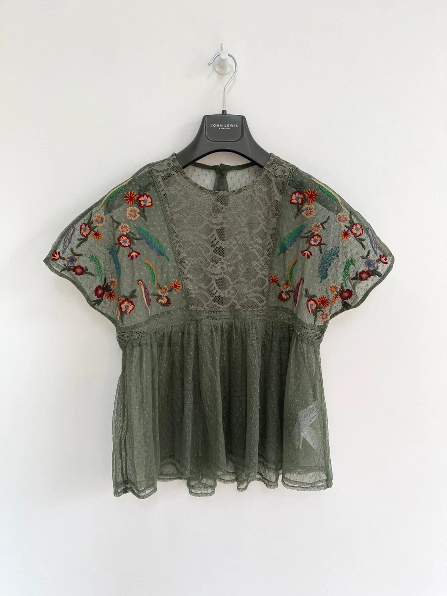 Haut Loose Fit Zara Super Soft - Manches Longues Brodé Gris - Taille XS - Coton - Occasion Très Peu Porté