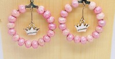 Handmade Girls Silvertone Princess Pink Wood Beaded Hoop 2" Dangle Earrings