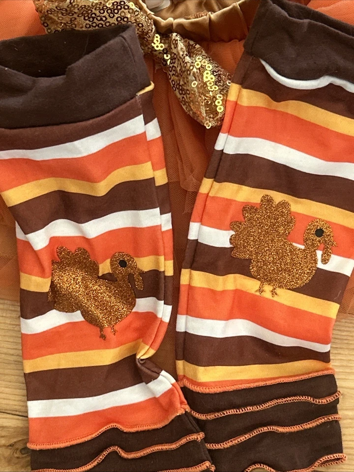 BABY Girl Infant THANKSGIVING Holiday Romper Tutu Dress Outfit Set 5 Piece - Imagem 3 de 3