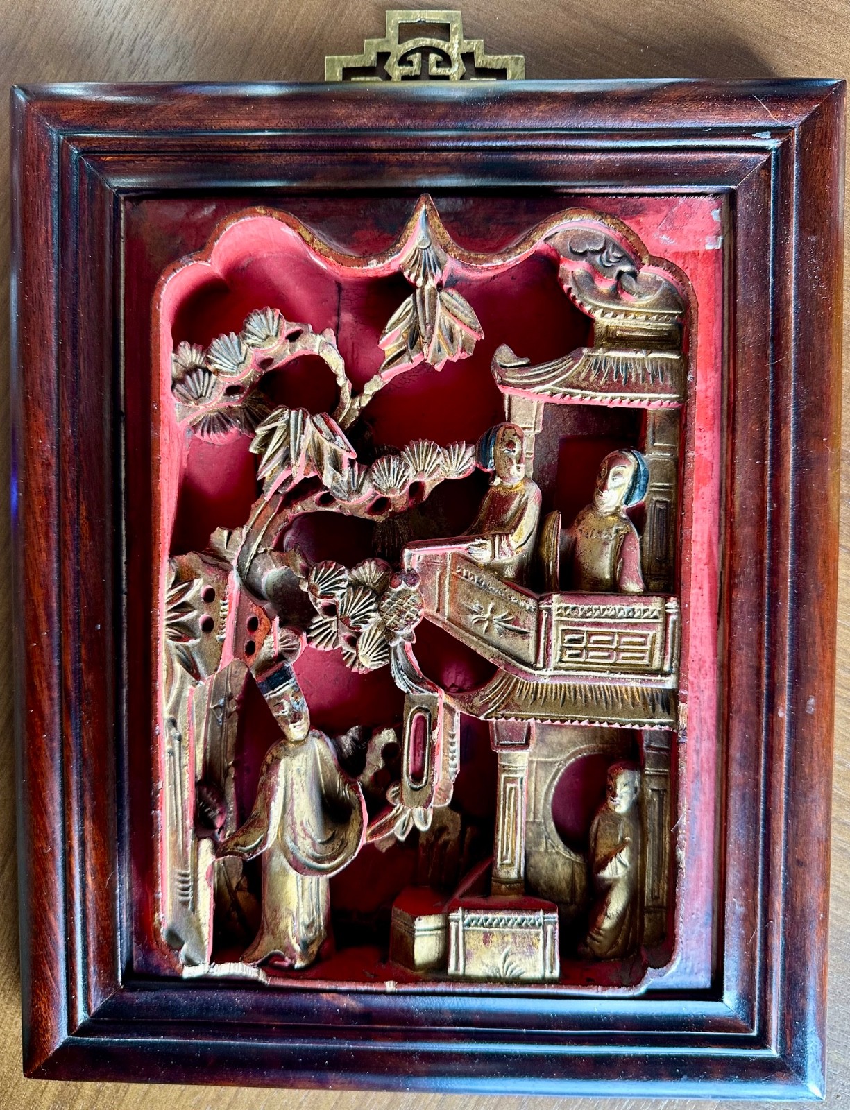 2 Antique Chinese Red & Gilt Wooden Deep Carved Panel Wood 19th Century