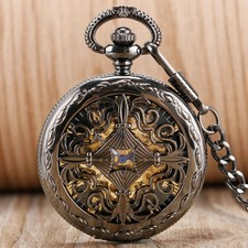 Luxury Engraved Flower Pattern Mechanical Automatic Pocket Watch with Chain Gift