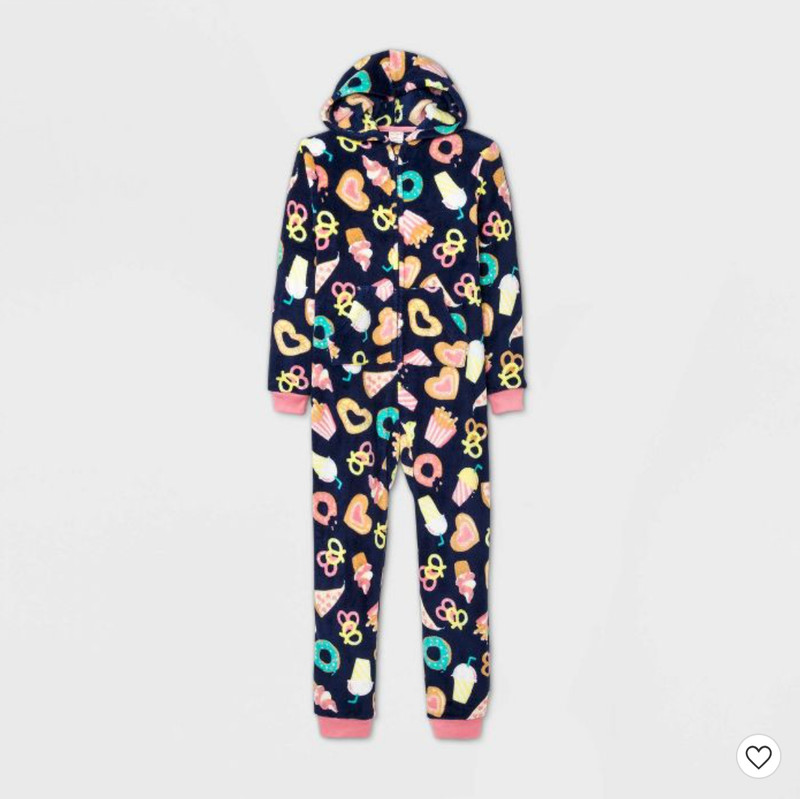 Girls Cat & Jack Fleece One Piece Furry Pajama Sleeper Snacks Junk Food Med 7 8