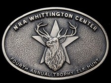JK25148 VINTAGE 1970s  NRA  WHITTINGTON CENTER ELK HUNT BRASSTONE BELT BUCKLE