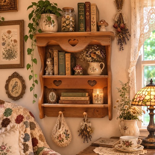 Vintage Solid Wood Trinket Shelf With Heart Cut Outs 2 Pegs Country Farmhouse