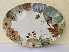 Potter's Studio SAGE LEAF Oval Platter 11" x 15" Thanksgiving Pumpkins Ceramic