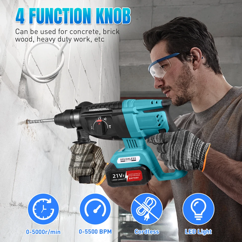 Brushless Electric Hammer Drill Rotary SDS Cordless Drill Hammer with 2 Battery - Image 2 of 4