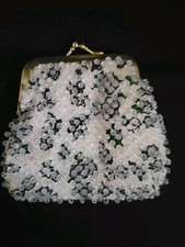 Vintage White Beaded Change Purse Over Black Flowers