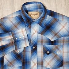 Men's Wrangler Blue Plaid Pearl Snap Western Shirt Long Sleeve Button Up - Med