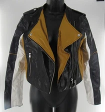 Mis Guided Monaco Black White Mustard Double Zip Moto Jacket Size 4 US EUC