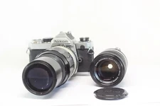 AS IS Nikon FM Film Camera + Nikkor-Q 200mm F/4+ Zoom-Nikkor-C 43-86mm F3.5 Lens