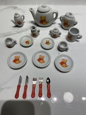 Vtg Miniature Ceramic Tea Set Teddy Bear Theme 22 Pieces Including Silverware