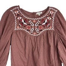 Max Studio Tunic Top XL Brown Embroidered Swiss Dot Peasant Balloon Sleeve Boho