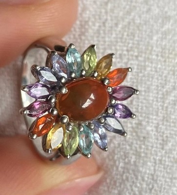 925 Unique Multicolored Gemstone ring, Flower Style, Faux Opal Center, size 5