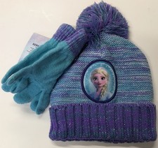 Beanie Cap - Disney Frozen Elsa Blue/Purple Sequin w/Glove Mitten Hat Set NEW