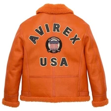 Men's Avirex Orange USA Bomber icon Fur Sheerling Real Sheepskin Leather Jacket