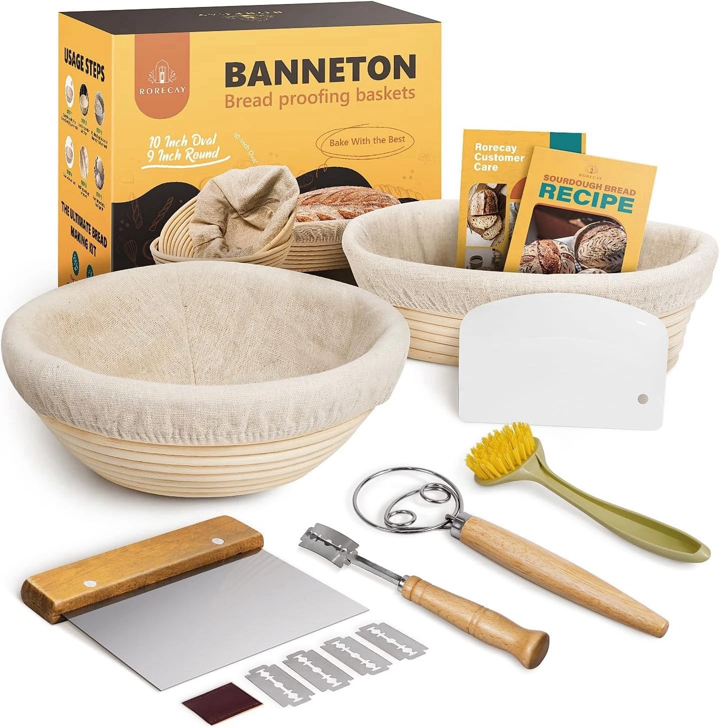 Banneton Bread Proofing Basket Set, Round + Oval Rattan with Dough Tool, Liners