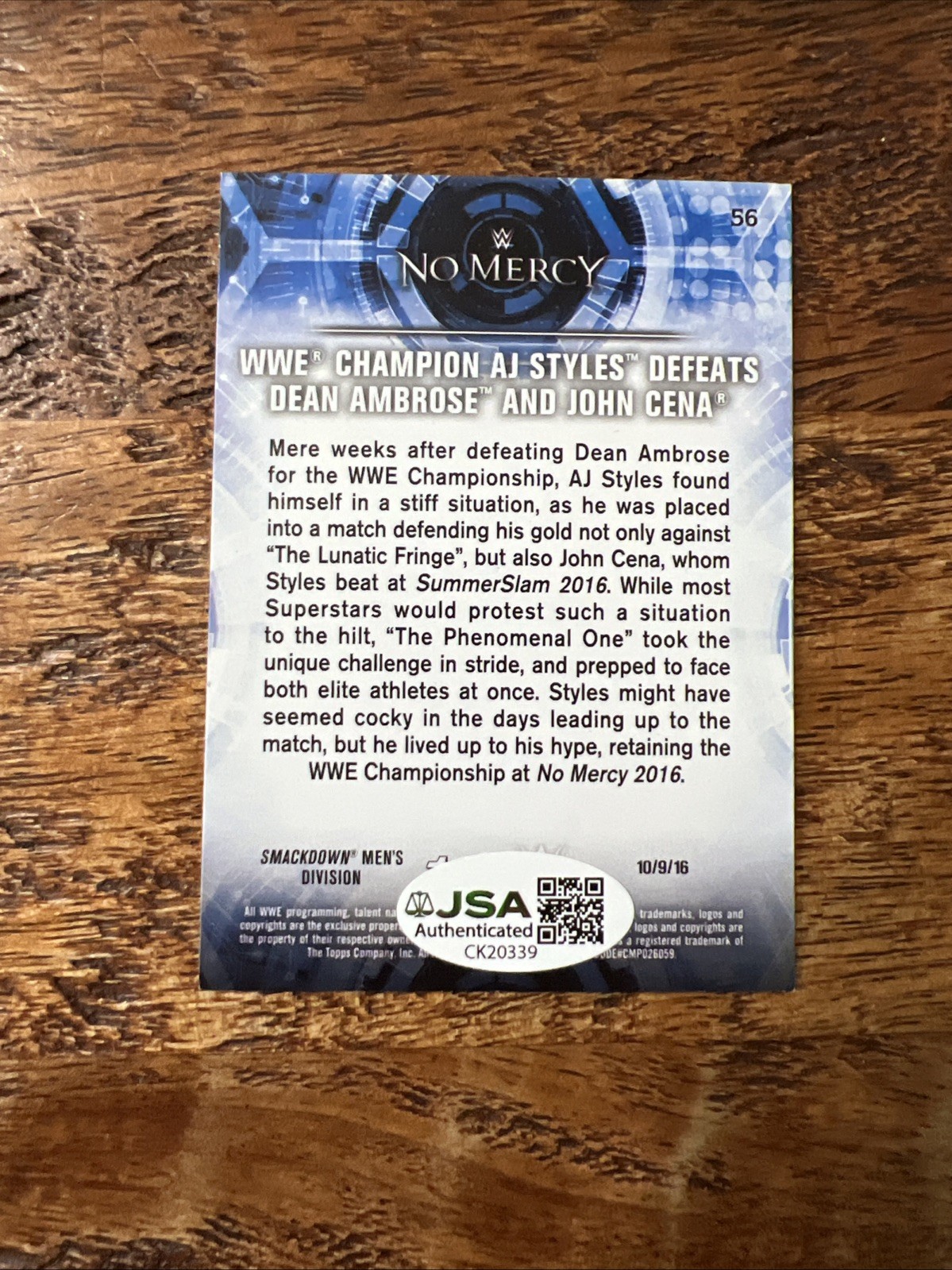 AJ Styles IP Signed Topps Card JSA Coa Autographed WWE